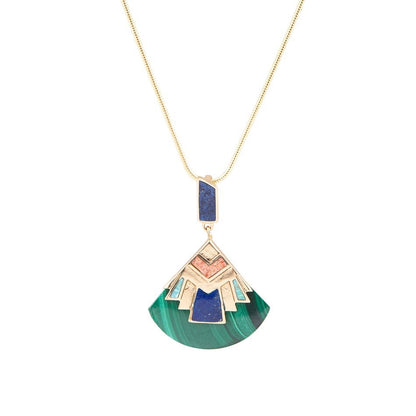 Art Deco Colorful Inlay Golden Pendant Necklace Barse Jewelry