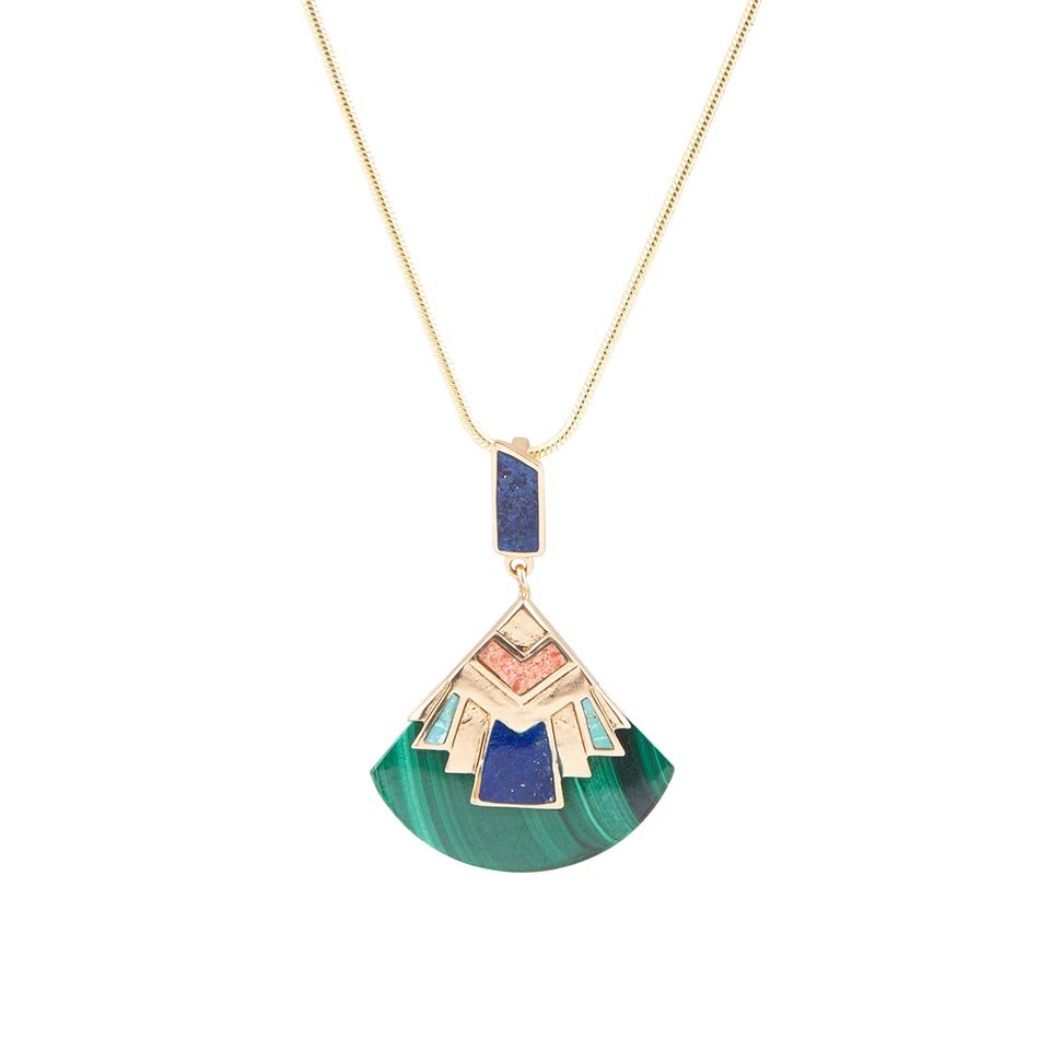 Art Deco Colorful Inlay Golden Pendant Necklace Barse Jewelry