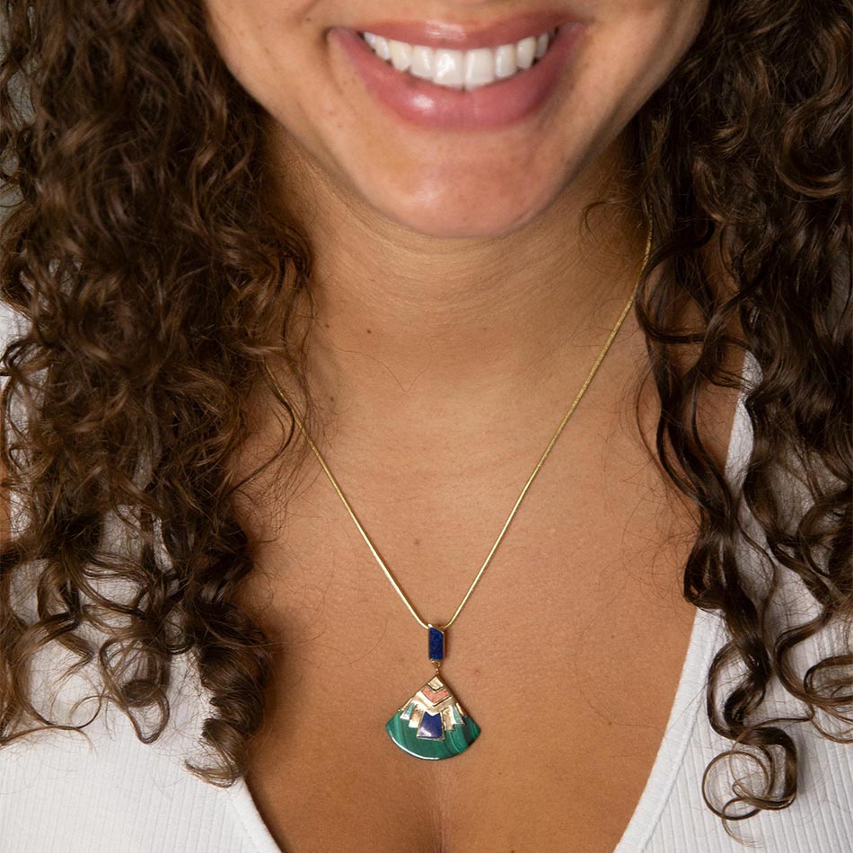 Art Deco Colorful Inlay Golden Pendant Necklace Barse Jewelry