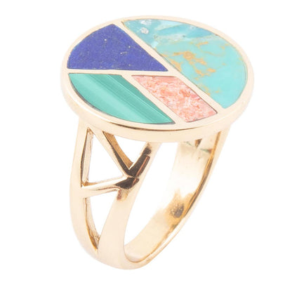 Art Deco Colorful Inlay Golden Ring Barse Jewelry