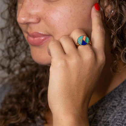 Art Deco Colorful Inlay Golden Ring Barse Jewelry