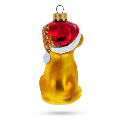 Puppy in Santa Hat with Stocking Glass Christmas Ornament