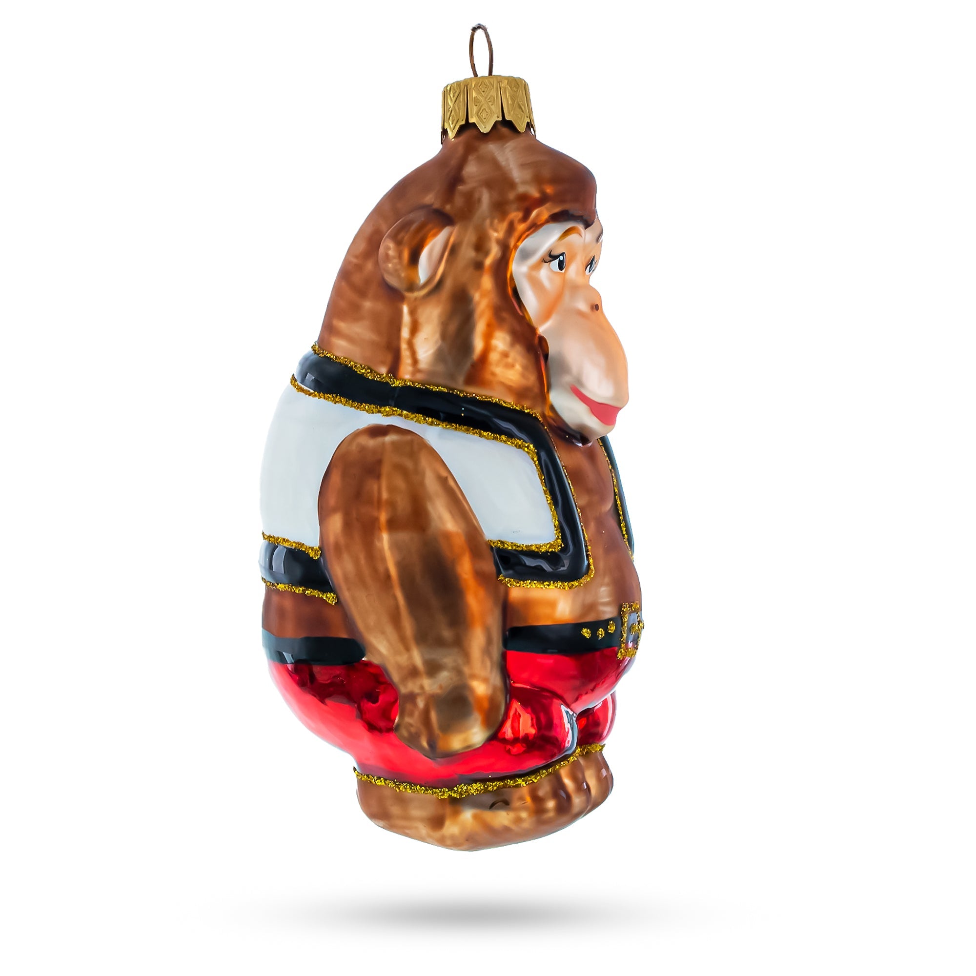 Circus Monkey in Red Shorts and Detailed Vest Glass Christmas Ornament
