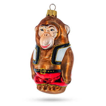 Circus Monkey in Red Shorts and Detailed Vest Glass Christmas Ornament