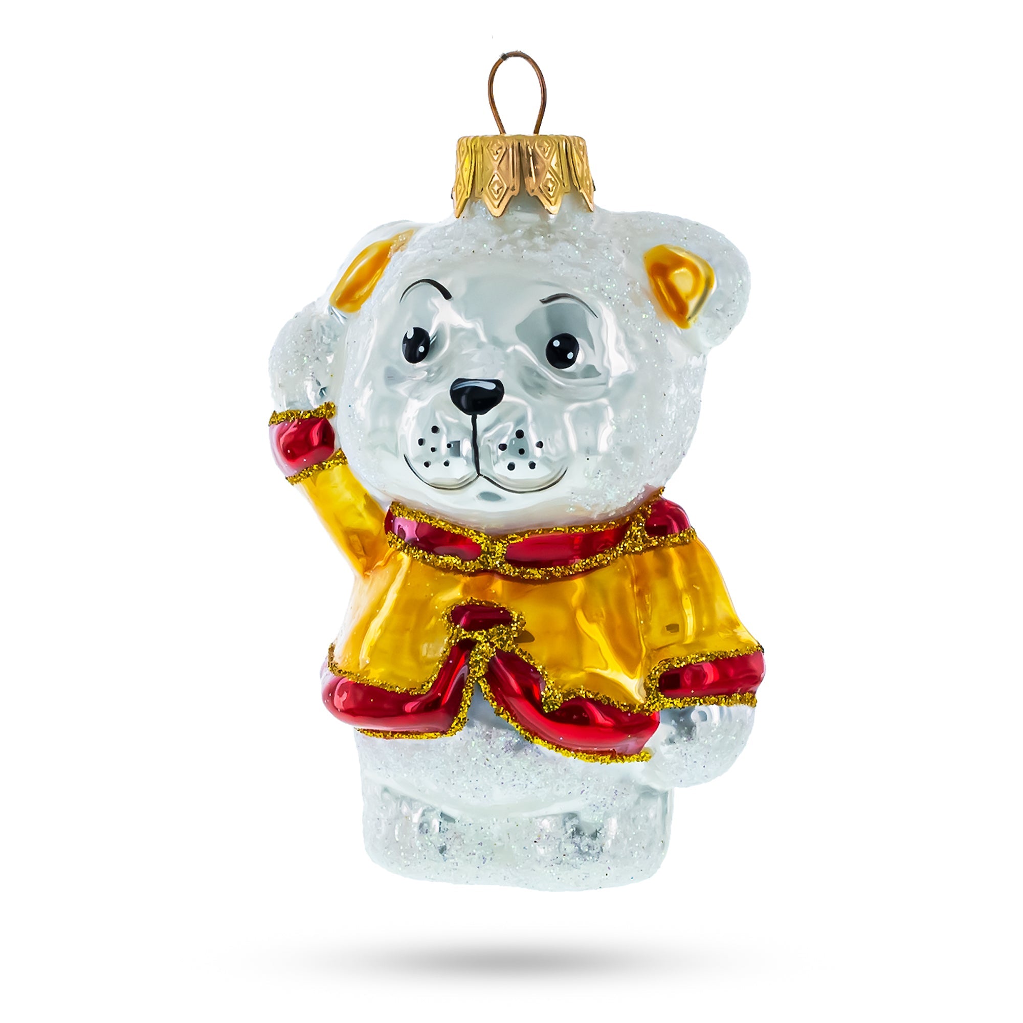 Polar Bear Cub Waving Glass Christmas Ornament