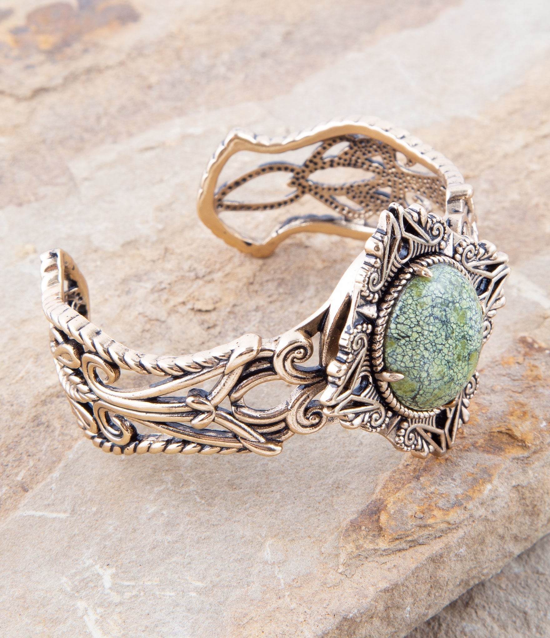 Aspen Green Serpentine and Golden Bronze Statement Cuff Bracelet Barse Jewelry