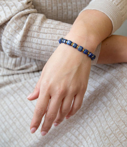 Azul Blue Cubed Lapis Golden Stretch Bracelet Barse Jewelry