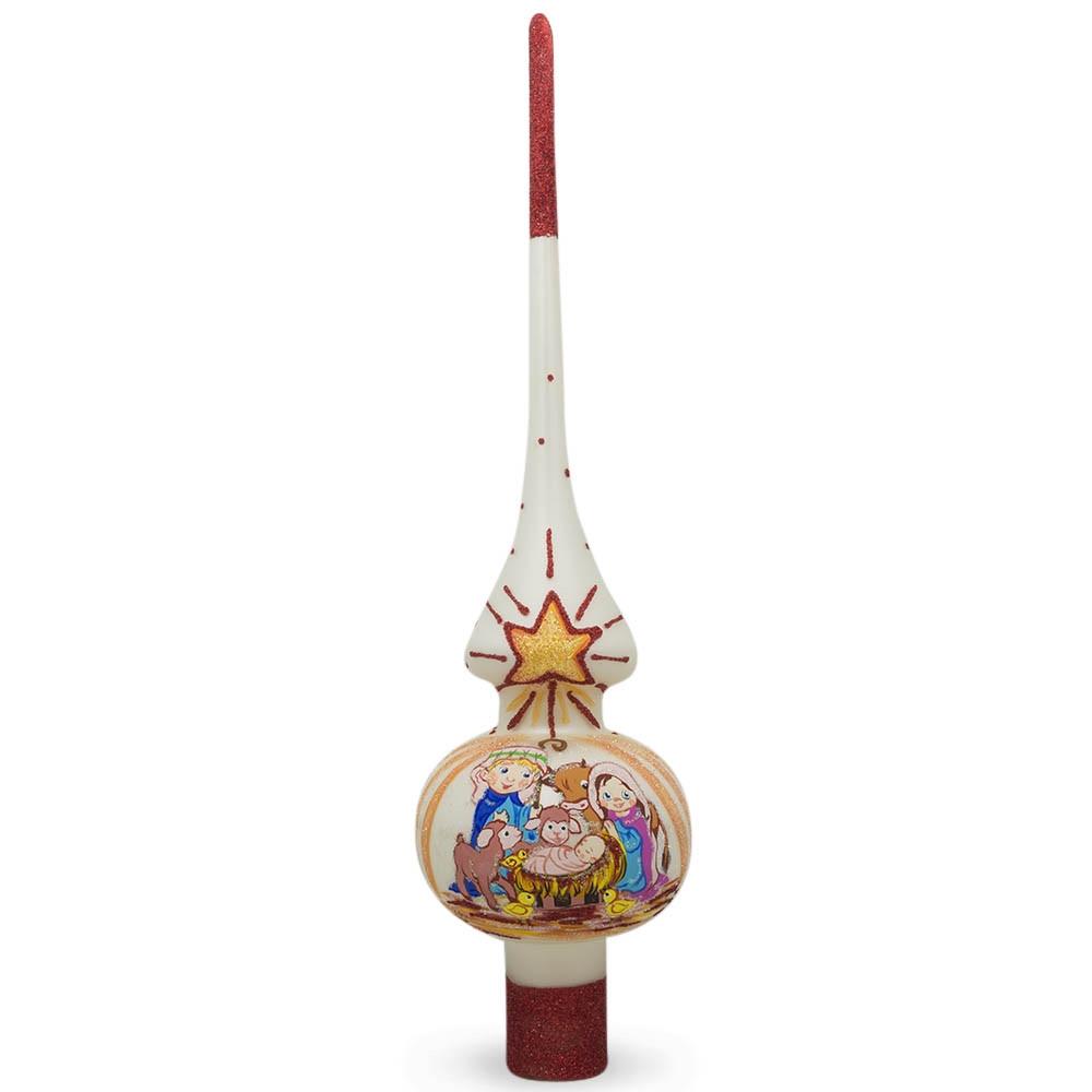 Children Nativity Scene on White Glass Christmas Tree Topper 11 Inches
