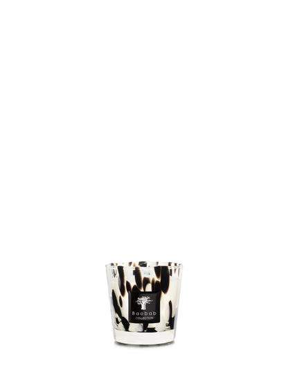 Baobab Collection black and white candle in transparent hand-blown glass, featuring Black Pearls scent.