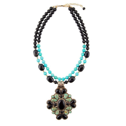 Barcelona Blue Turquoise and Black Onyx Golden Statement Necklace Barse Jewelry