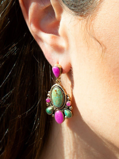 Barcelona Blue Turquoise and Pink Agate Golden Drop Earrings Barse Jewelry