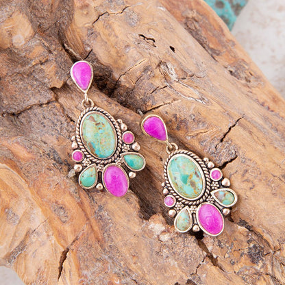 Barcelona Blue Turquoise and Pink Agate Golden Drop Earrings Barse Jewelry