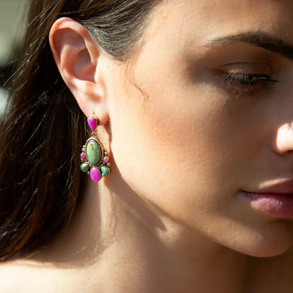 Barcelona Blue Turquoise and Pink Agate Golden Drop Earrings Barse Jewelry