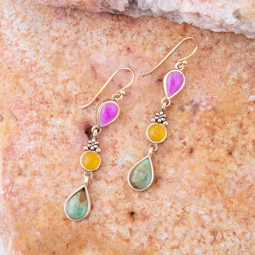 Barcelona Multistone Linear Golden Drop Earrings Barse Jewelry