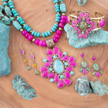 Barcelona Pink Agate and Blue Turquoise Statement Cuff Bracelet Barse Jewelry