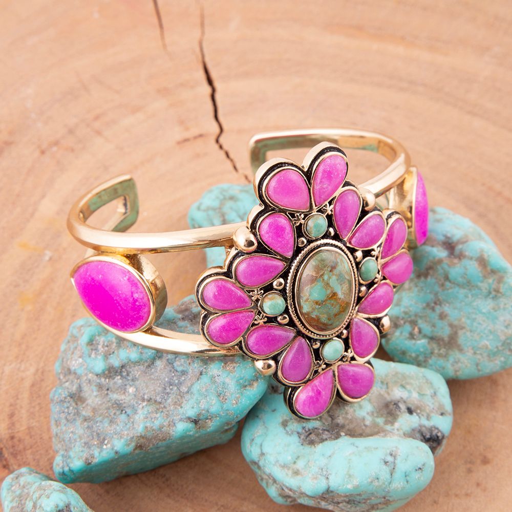 Barcelona Pink Agate and Blue Turquoise Statement Cuff Bracelet Barse Jewelry