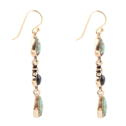 Barcelona Blue Turquoise and Black Onyx Linear Drop Golden Earrings Barse Jewelry