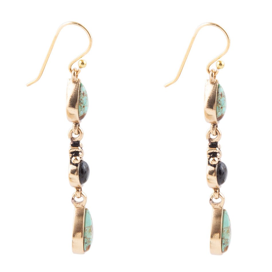 Barcelona Blue Turquoise and Black Onyx Linear Drop Golden Earrings Barse Jewelry