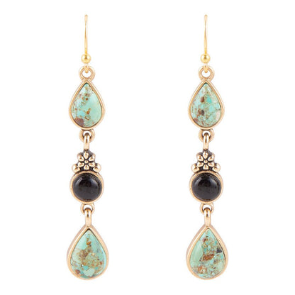 Barcelona Blue Turquoise and Black Onyx Linear Drop Golden Earrings Barse Jewelry