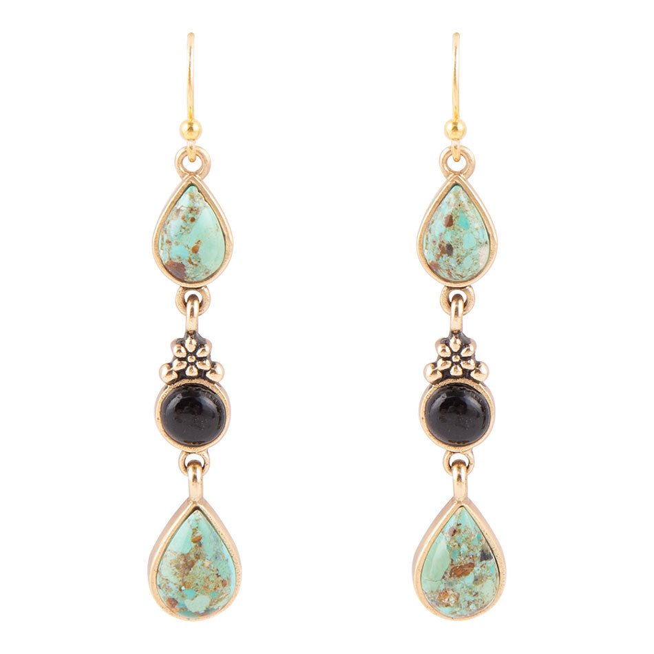 Barcelona Blue Turquoise and Black Onyx Linear Drop Golden Earrings Barse Jewelry