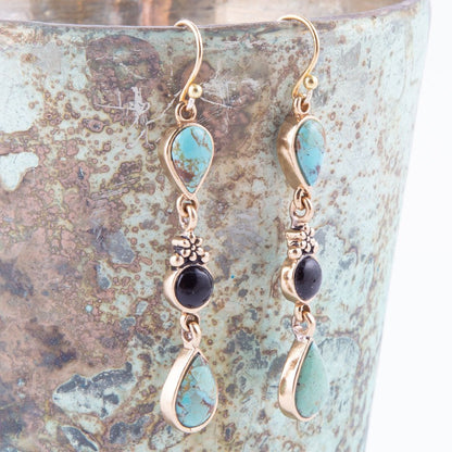 Barcelona Blue Turquoise and Black Onyx Linear Drop Golden Earrings Barse Jewelry