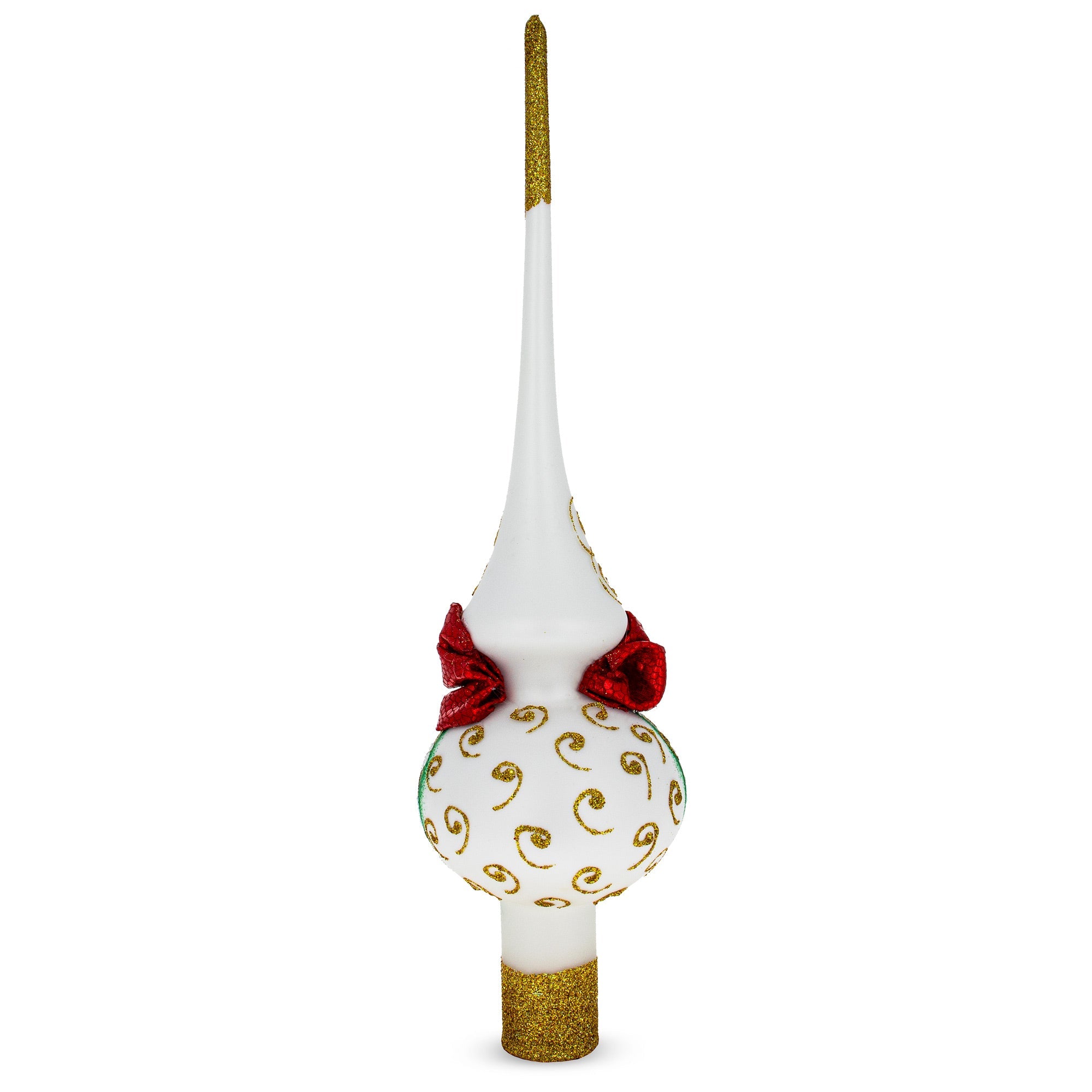 Bow and Bells on White Glass Christmas Tree Topper 11 Inches