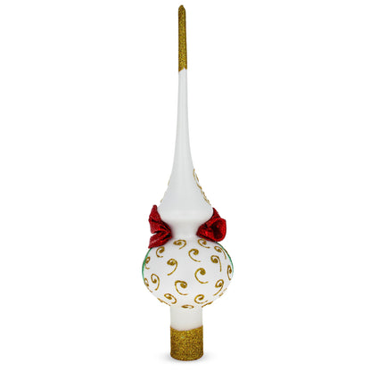 Bow and Bells on White Glass Christmas Tree Topper 11 Inches