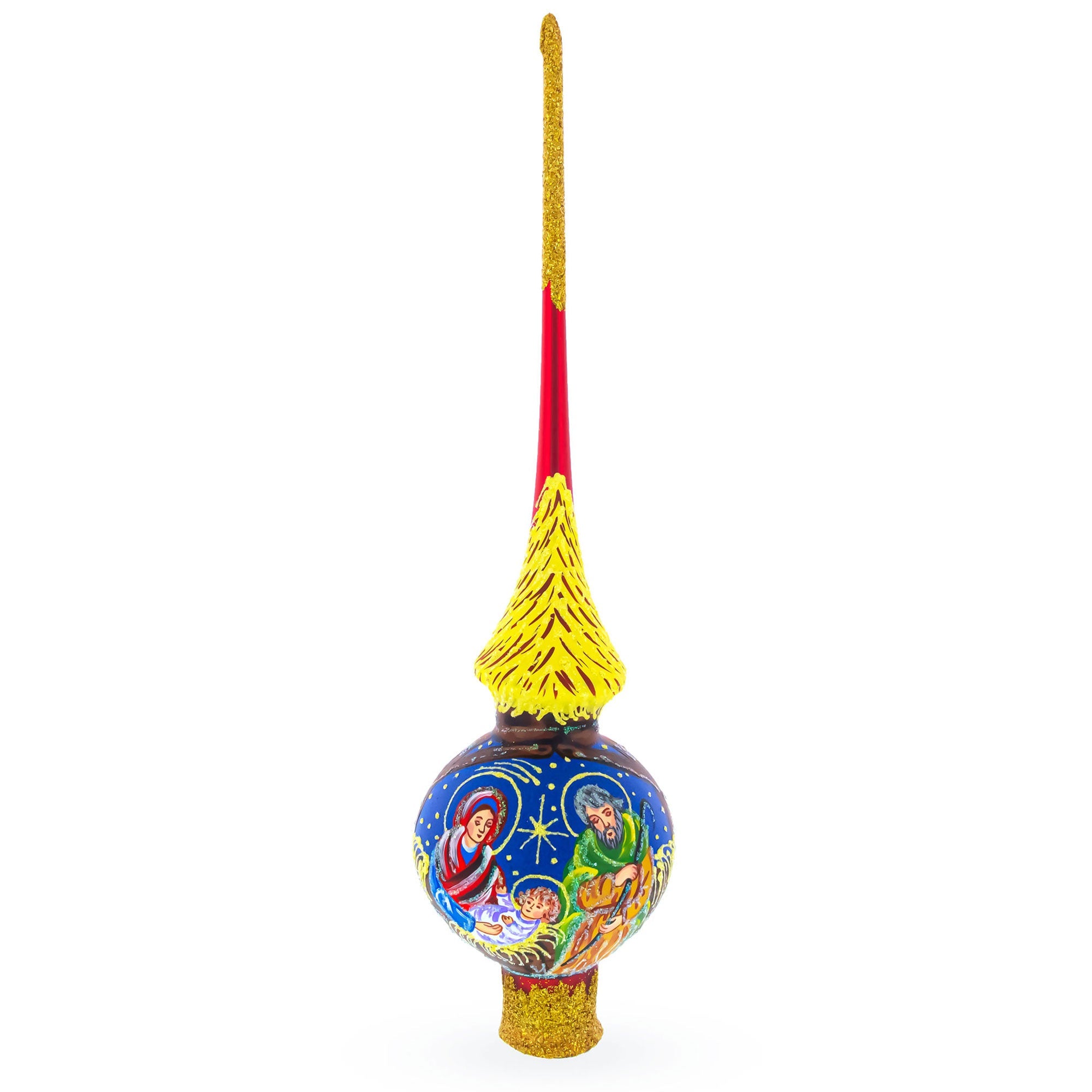 Holy Family on Red Glass Christmas Tree Topper 11 Inches