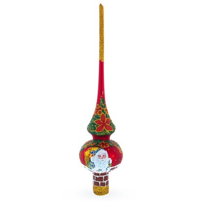 Santa Climbing Down Chimney on Red Glass Christmas Tree Topper 11 Inches