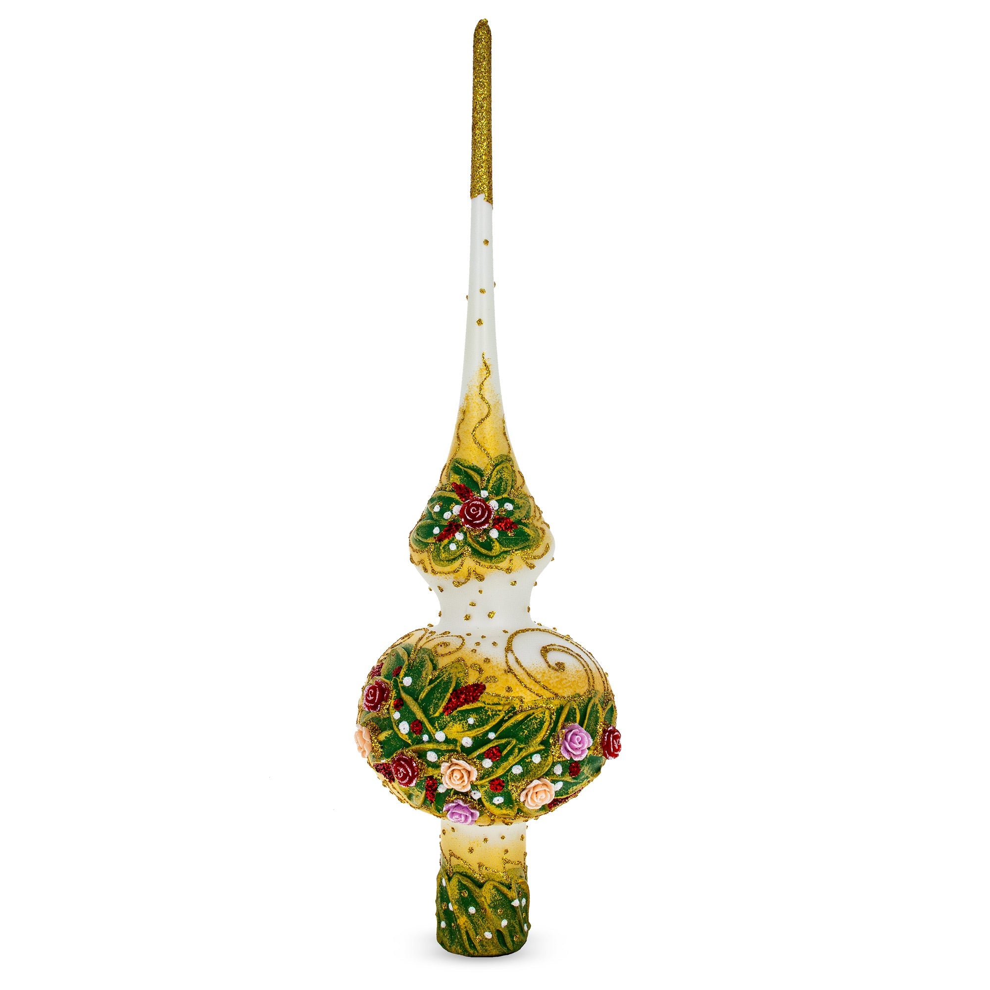 Dimensional Roses Bouquet on White Glass Christmas Tree Topper 11 Inches BestPysanky