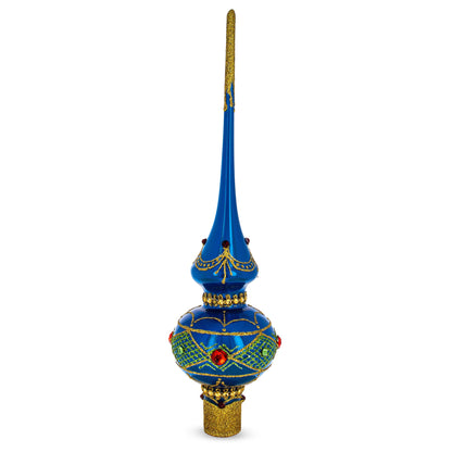 Blue and Gold with Ornate Glitter Geometrical Glass Christmas Tree Topper 11 Inches