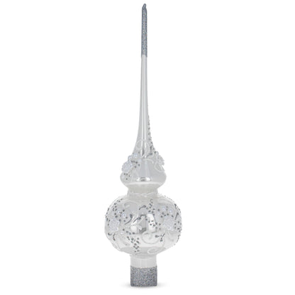 White Roses and Pearls on Glossy White Glass Christmas Tree Topper 11 Inches