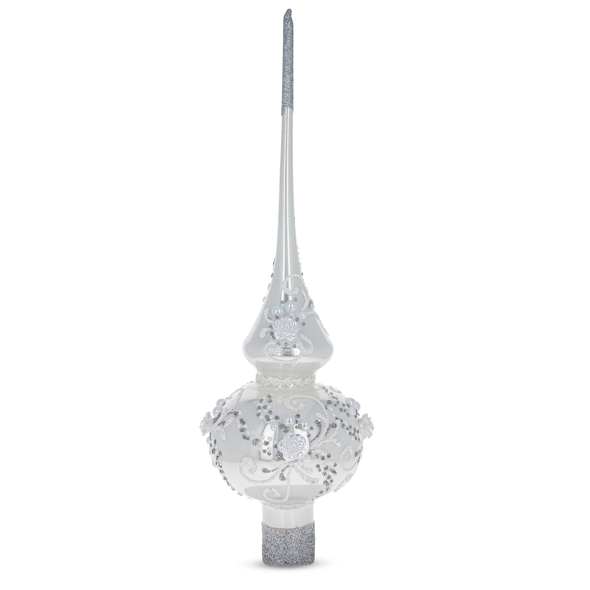 White Roses and Pearls on Glossy White Glass Christmas Tree Topper 11 Inches