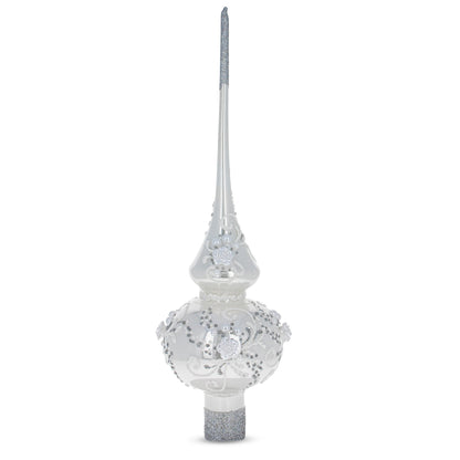 White Roses and Pearls on Glossy White Glass Christmas Tree Topper 11 Inches