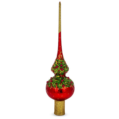 Red Pearls and Poinsettia Flowers on Glossy Red Glass Christmas Tree Topper 11 Inches