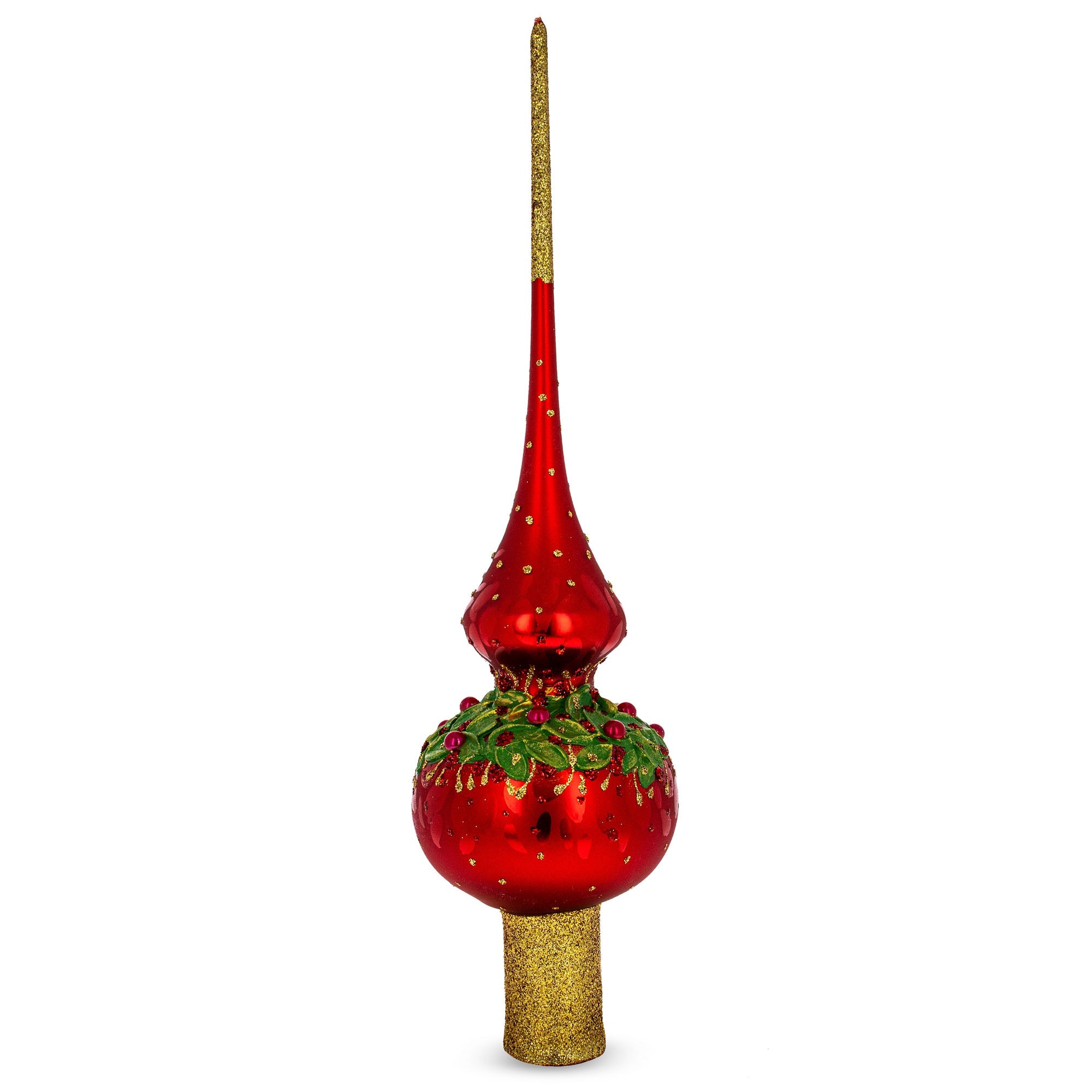 Red Pearls and Poinsettia Flowers on Glossy Red Glass Christmas Tree Topper 11 Inches