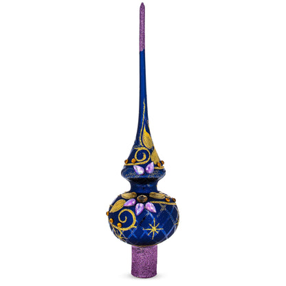 Purple Jewels and Golden Leaves on Blue Glass Christmas Tree Topper 11 Inches BestPysanky
