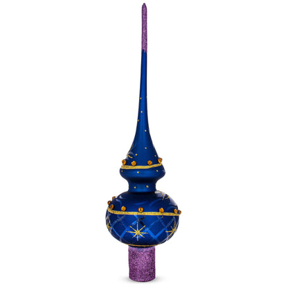 Purple Jewels and Golden Leaves on Blue Glass Christmas Tree Topper 11 Inches BestPysanky