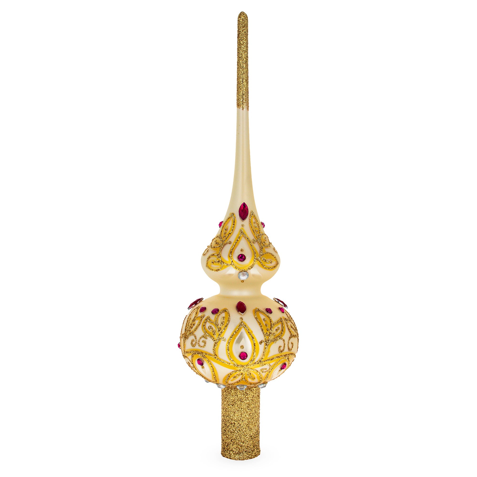 Red Jeweled with Golden Leaves Glass Christmas Tree Topper 11 Inches