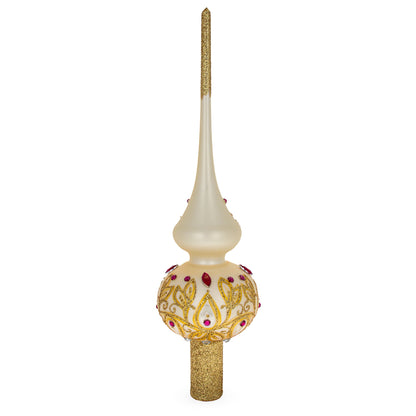 Red Jeweled with Golden Leaves Glass Christmas Tree Topper 11 Inches