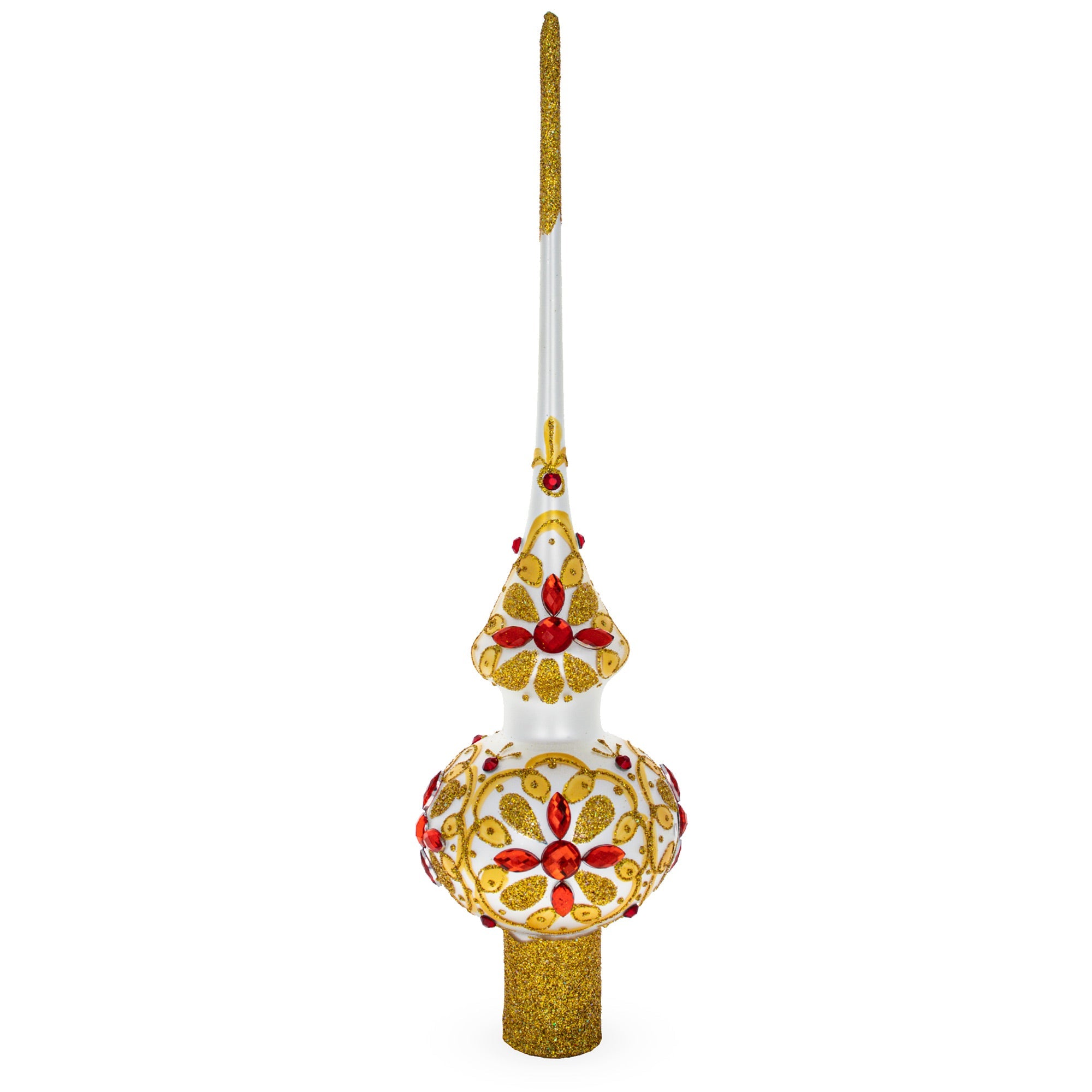 Red Jeweled Stars on Gold Pattern on White Glass Christmas Tree Topper 11 Inches