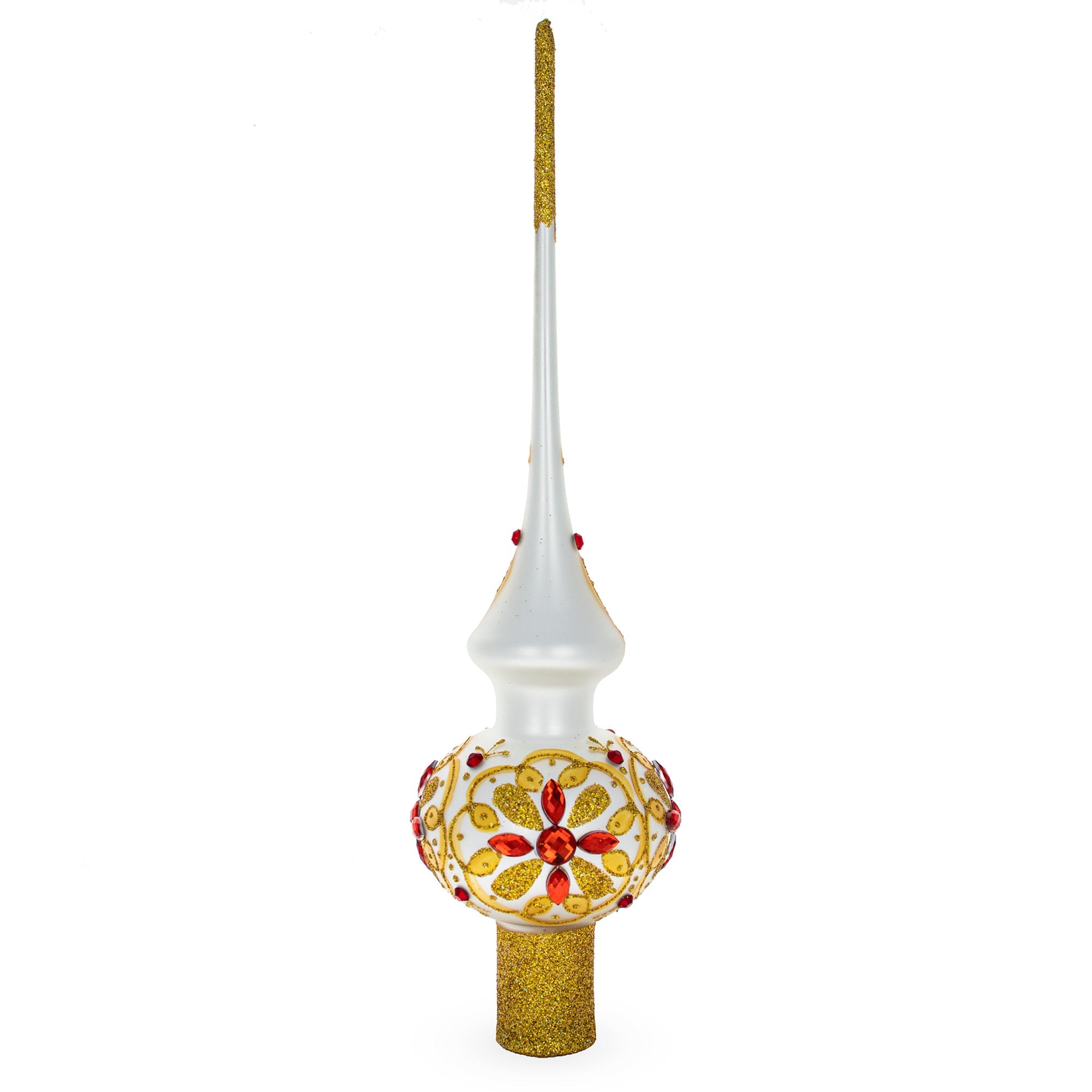 Red Jeweled Stars on Gold Pattern on White Glass Christmas Tree Topper 11 Inches