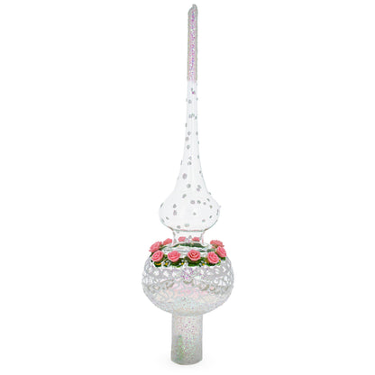 Pink Roses on Silver Swirls and Clear Glass Christmas Tree Topper 11 Inches