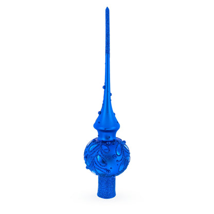 Blue Jewels Scroll on Blue Glass Christmas Tree Topper 11 Inches