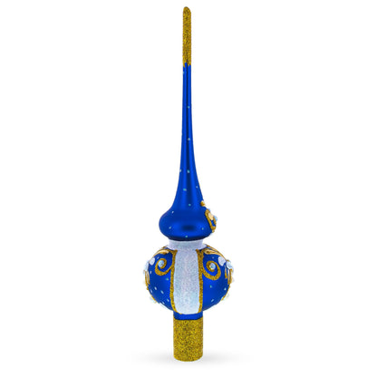 White Pearls with Golden Leaves on Blue Glass Christmas Tree Topper 11 Inches