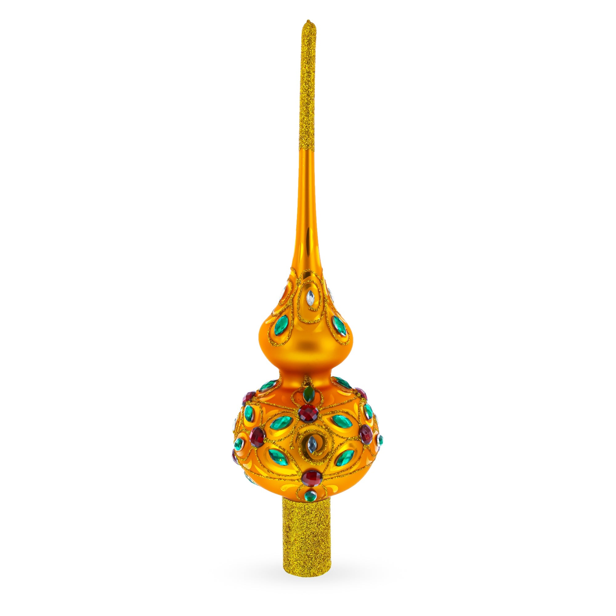Multicolored Jewels on Gold Glass Christmas Tree Topper 11 Inches