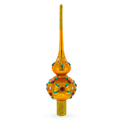 Multicolored Jewels on Gold Glass Christmas Tree Topper 11 Inches