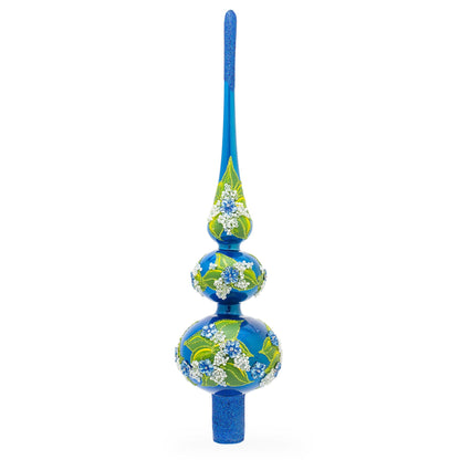 Blue Flowers on Glossy Blue Mouth Glass Christmas Tree Topper 12.5 Inches
