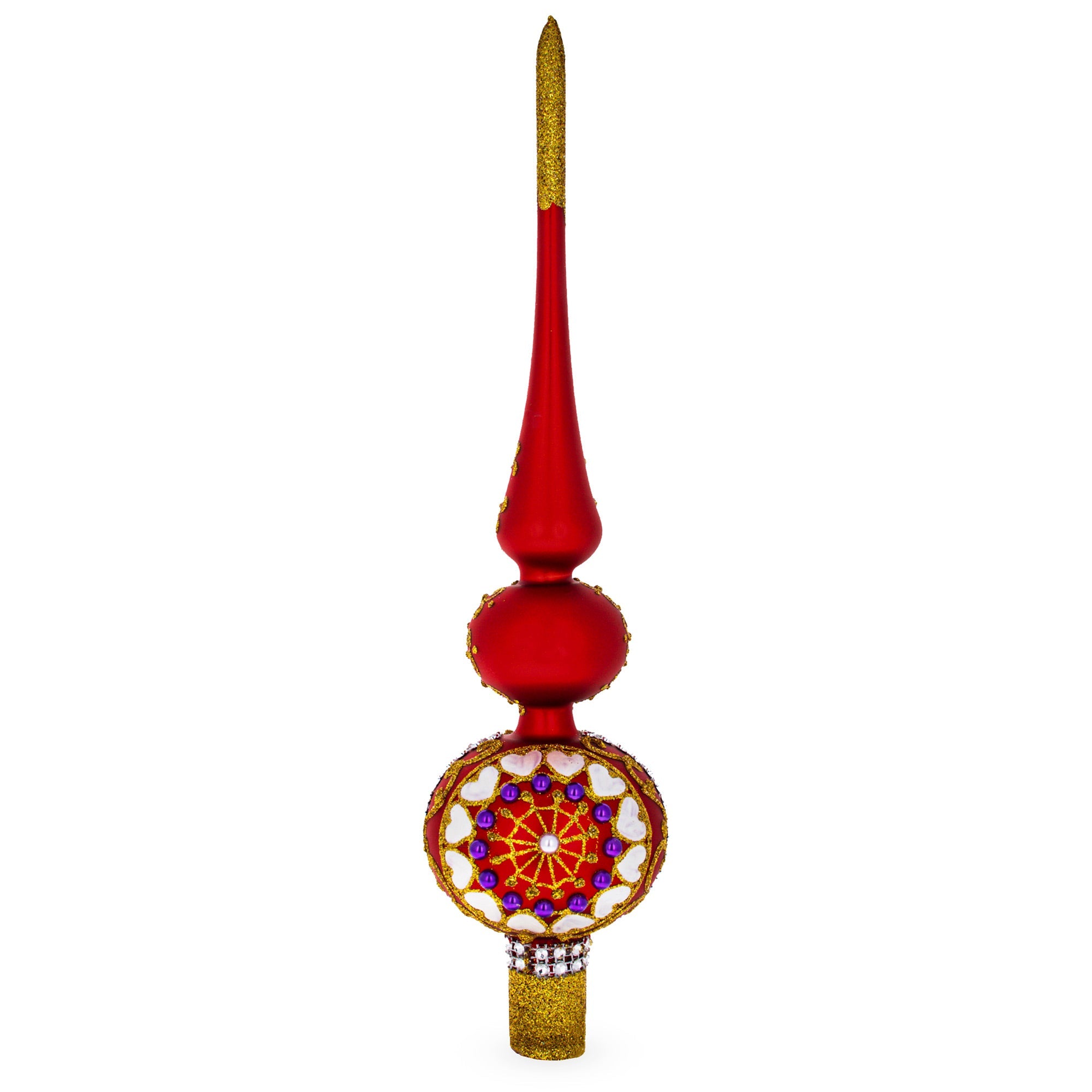 Embossed Clock on Glittered Double Ball Red Glass Christmas Tree Topper 12.5 Inches