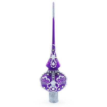 Dimensional White Roses on Purple Glass Christmas Tree Topper 11 Inches
